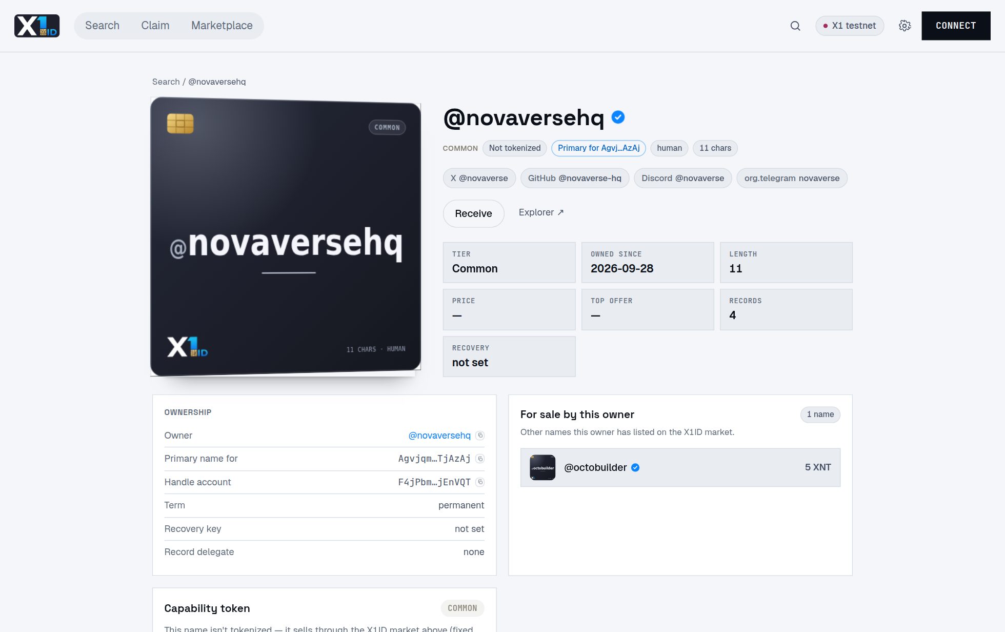 An X1ID handle page showing a verified blue tick and its attested social accounts.
