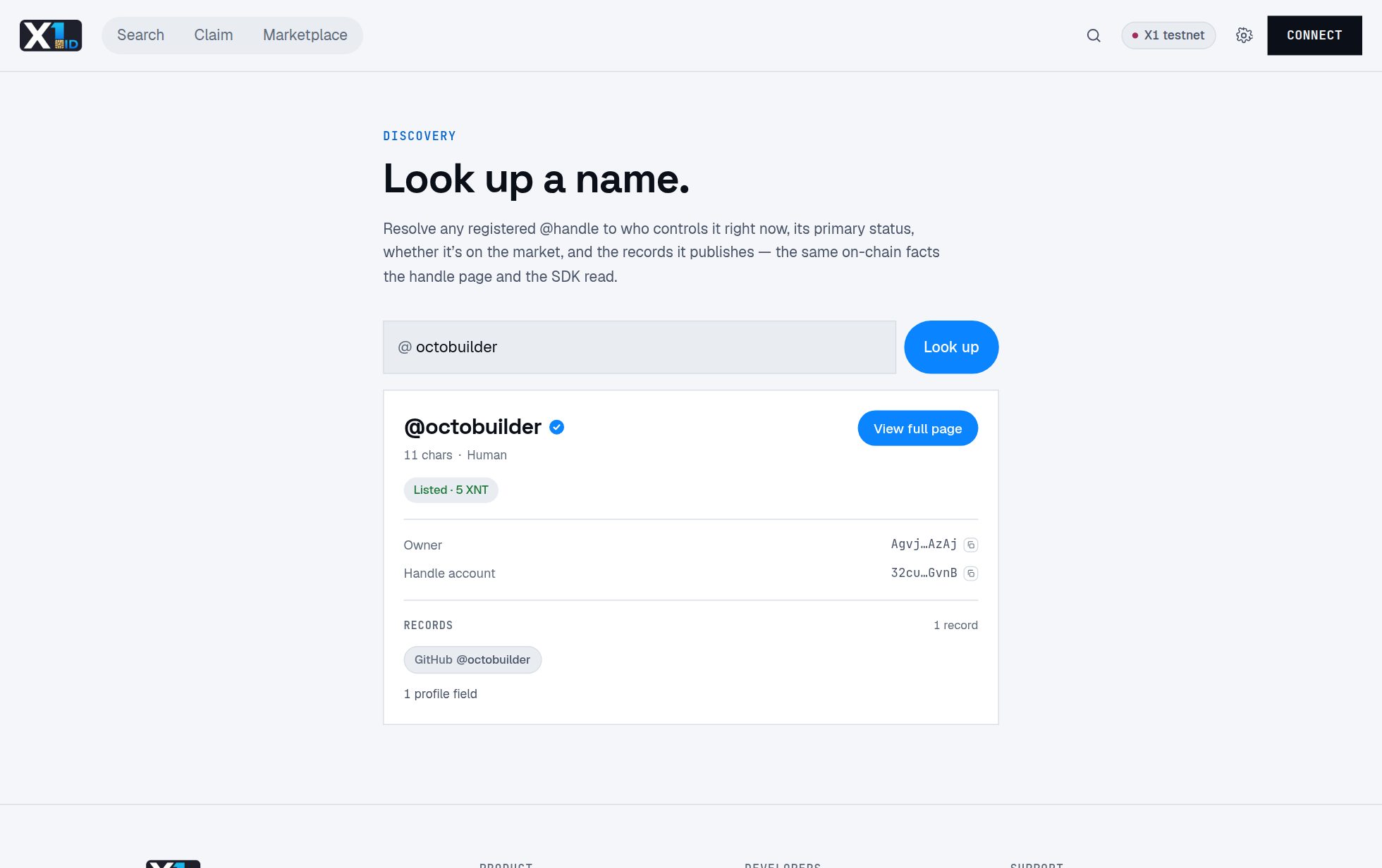 X1ID search resolving a handle to its owner, records and market status.